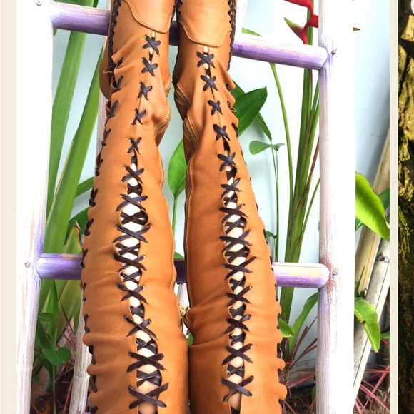 Tan Lace-Up Over the knee  Women's leather boots - Picture 2 of 9